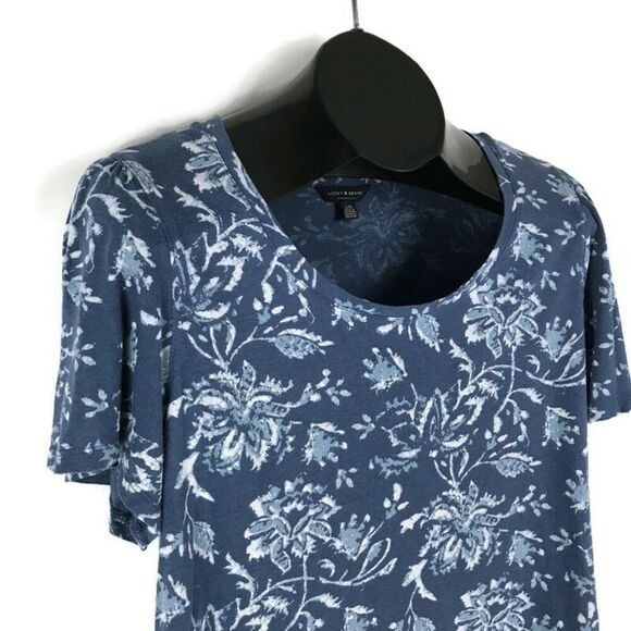Lucky Brand Floral Scoop Neck Tee Women's Large Blue Stretch Knit Casual Summer - Picture 4 of 11